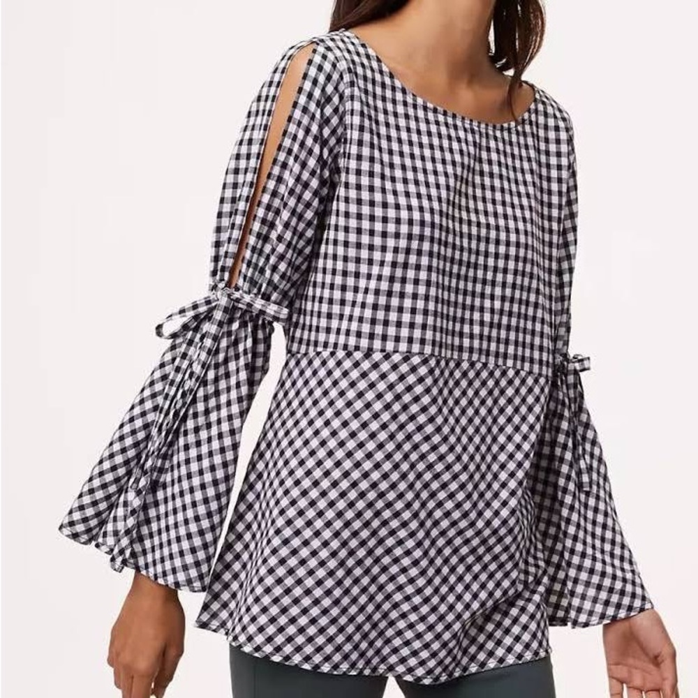 Ann Taylor Loft gingham black and white tie sleeve top